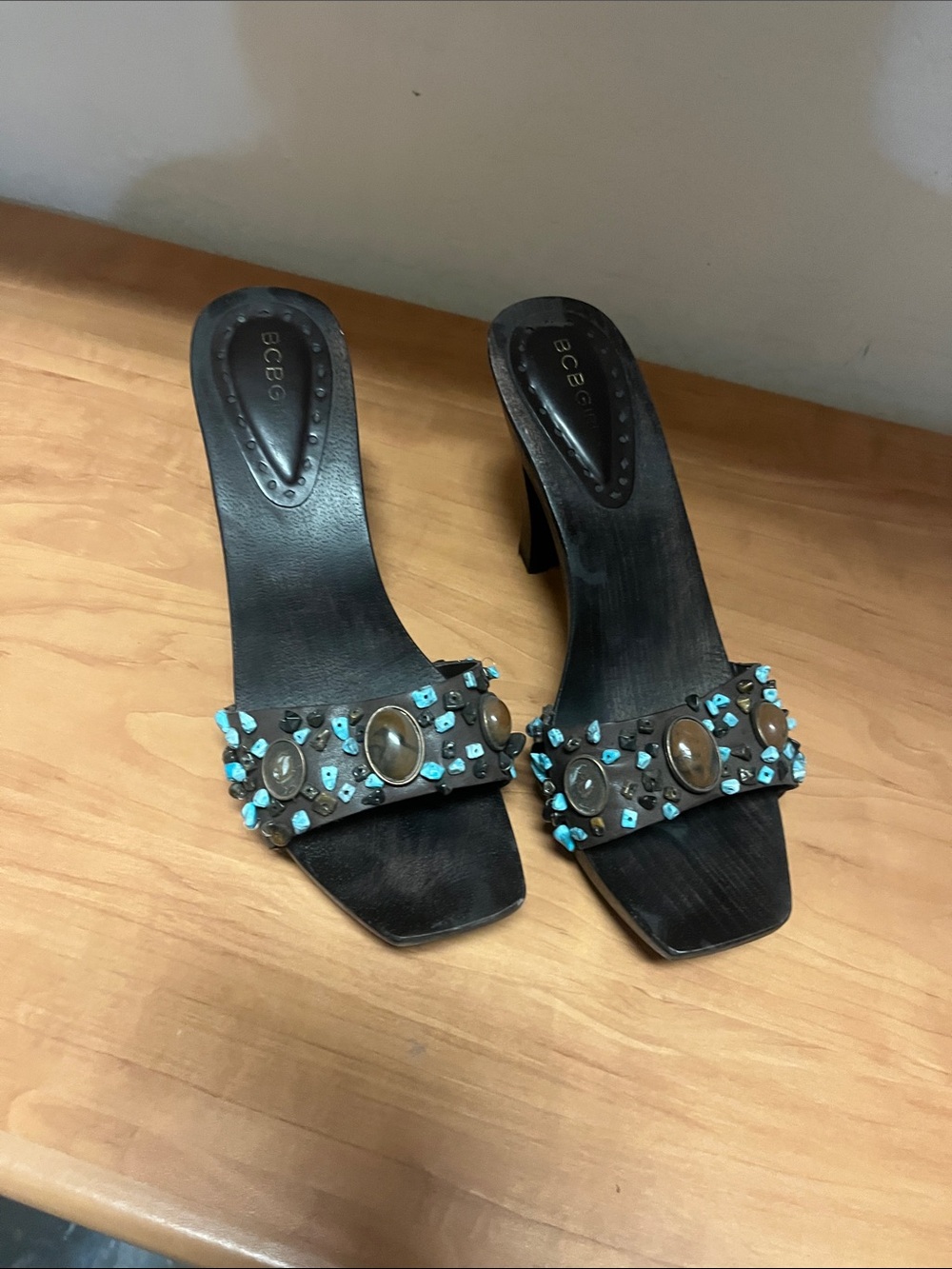 BCBG Black Heeled Slide Sandals with Turquoise and Brown Stone Accents